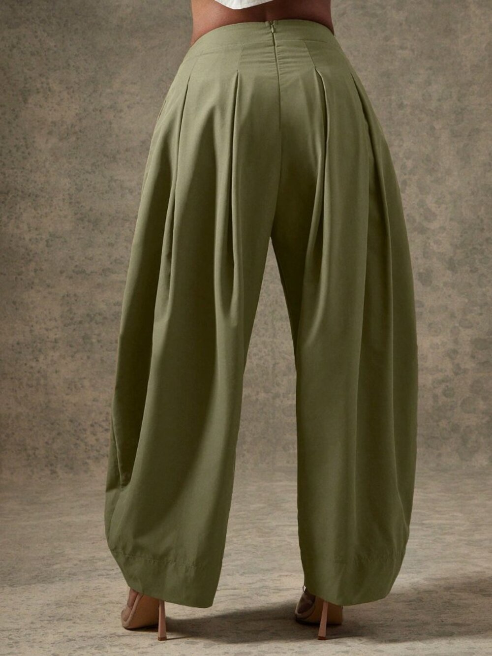 Olive Green Casual Women's High Waist Pleated Detail Barrel Leg Office Pants - Picture 4 of 5